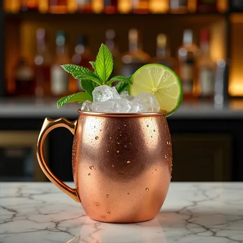 经典莫斯科骡子(Moscow Mule)​鸡尾酒，盛在一个结霜的铜杯中，配有青柠和薄荷装饰。